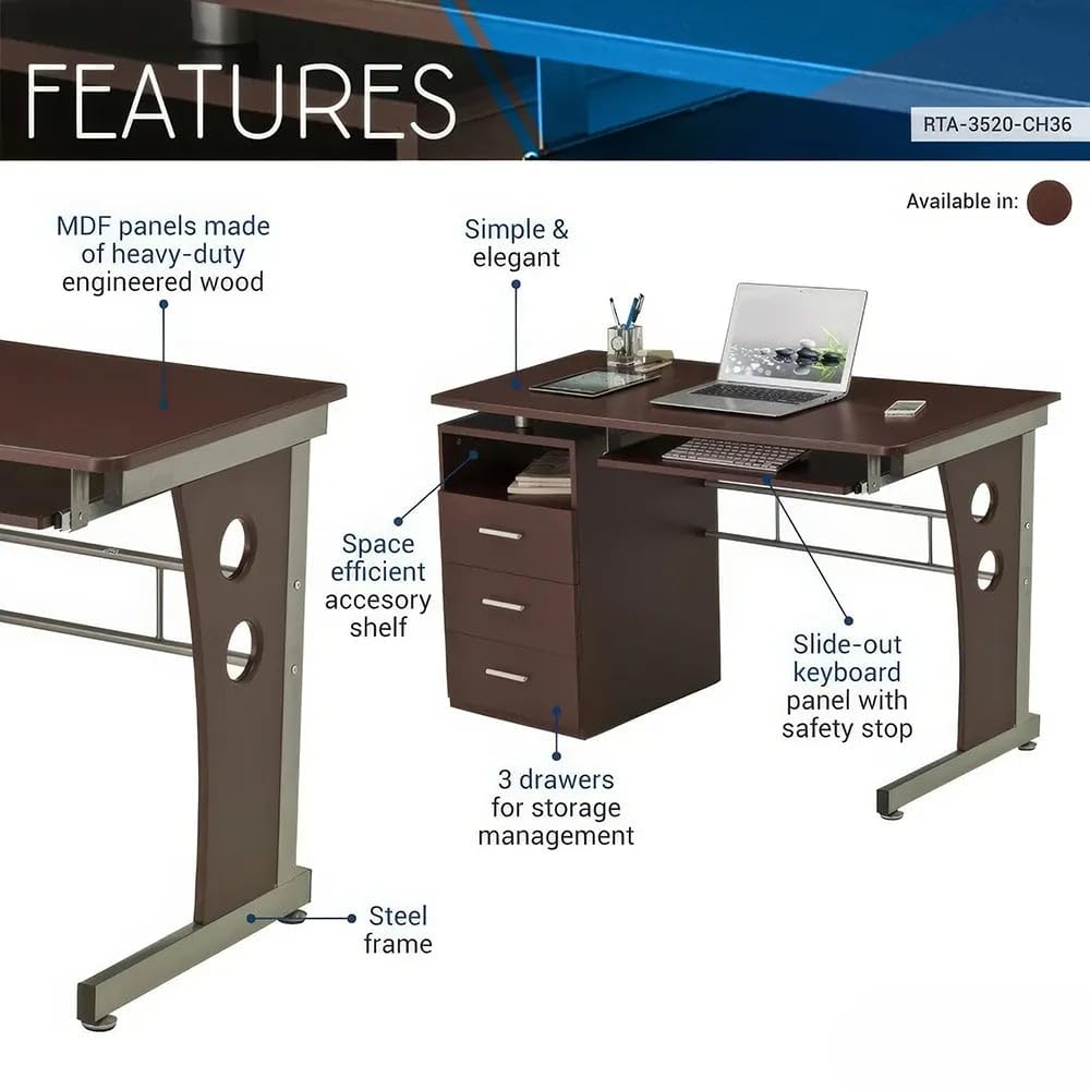 Elegant Chocolate Computer Desk with Ample Storage and Sturdy Design
