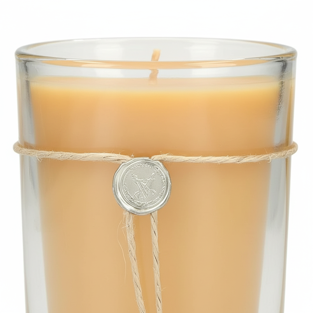 Votivo candle close-up showing twine and silver wax seal detail
