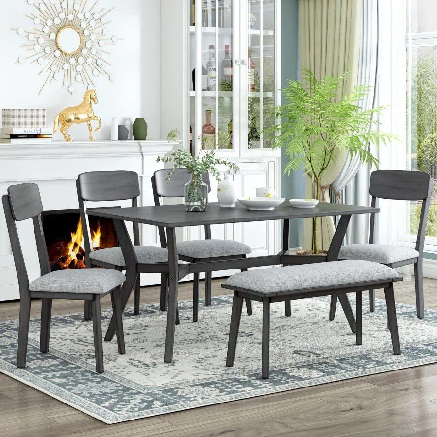 Mid-Century Modern 6-teiliges Esszimmer-Set mit Tisch, Stühlen und Bank