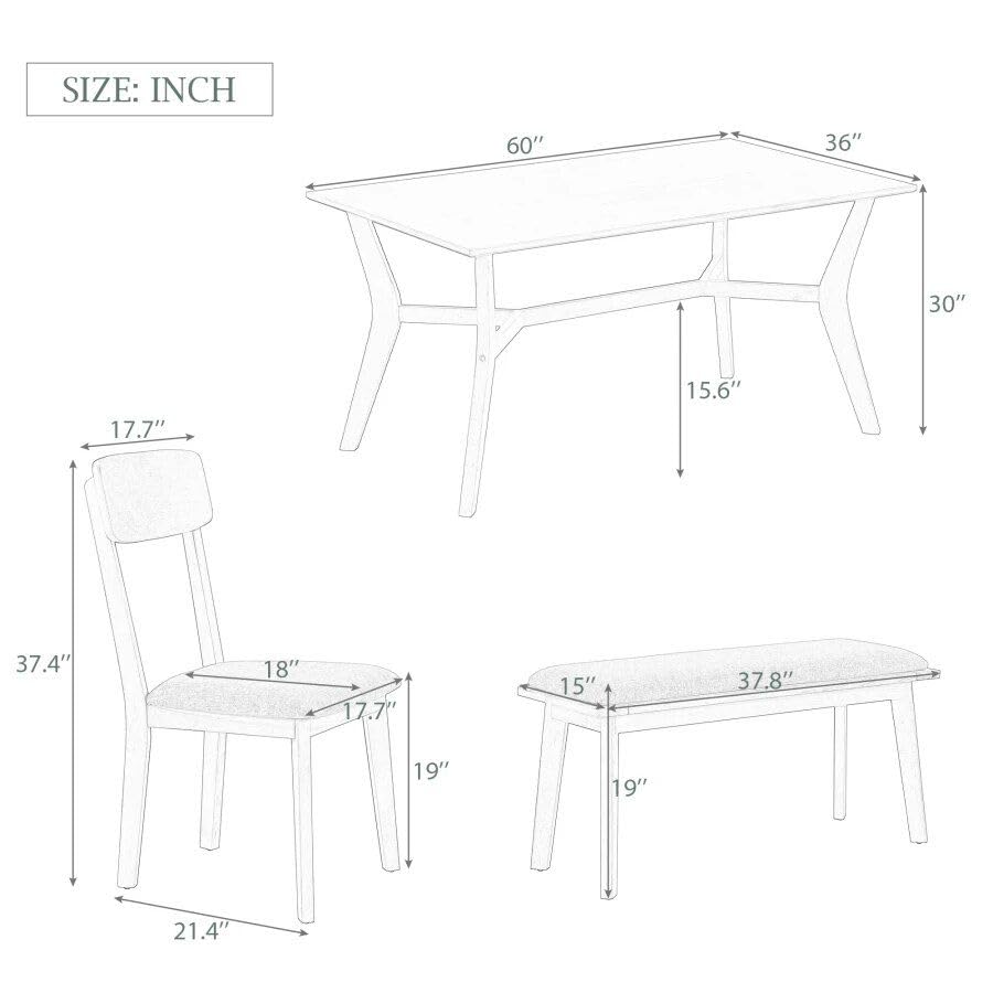 Mid-Century Modern 6-teiliges Esszimmer-Set mit Tisch, Stühlen und Bank