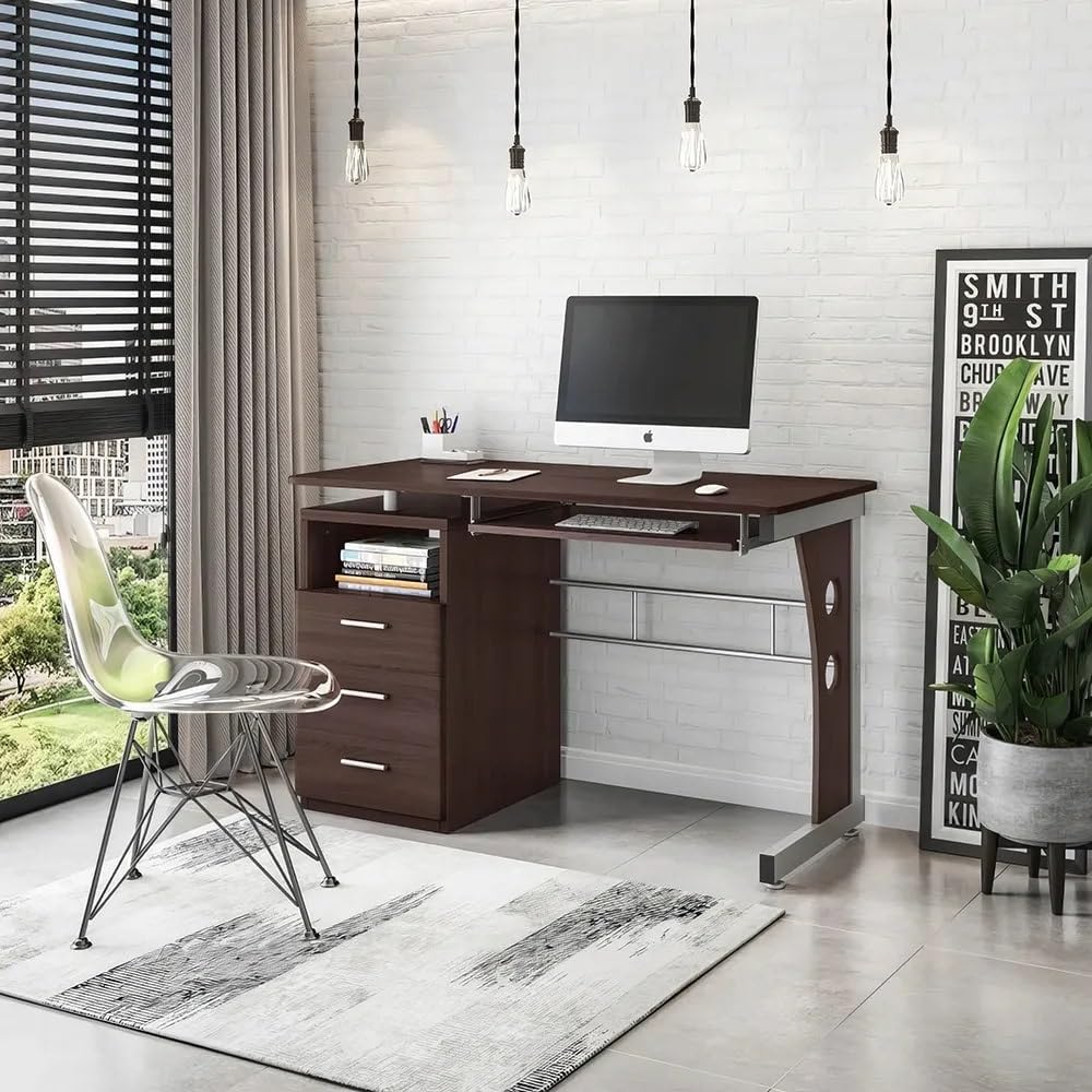 Eleganter Schreibtisch in Schokoladenoptik mit viel Stauraum und robustem Design