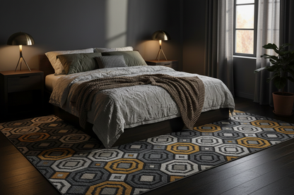 Parkerfield Area Rug styled in a bedroom