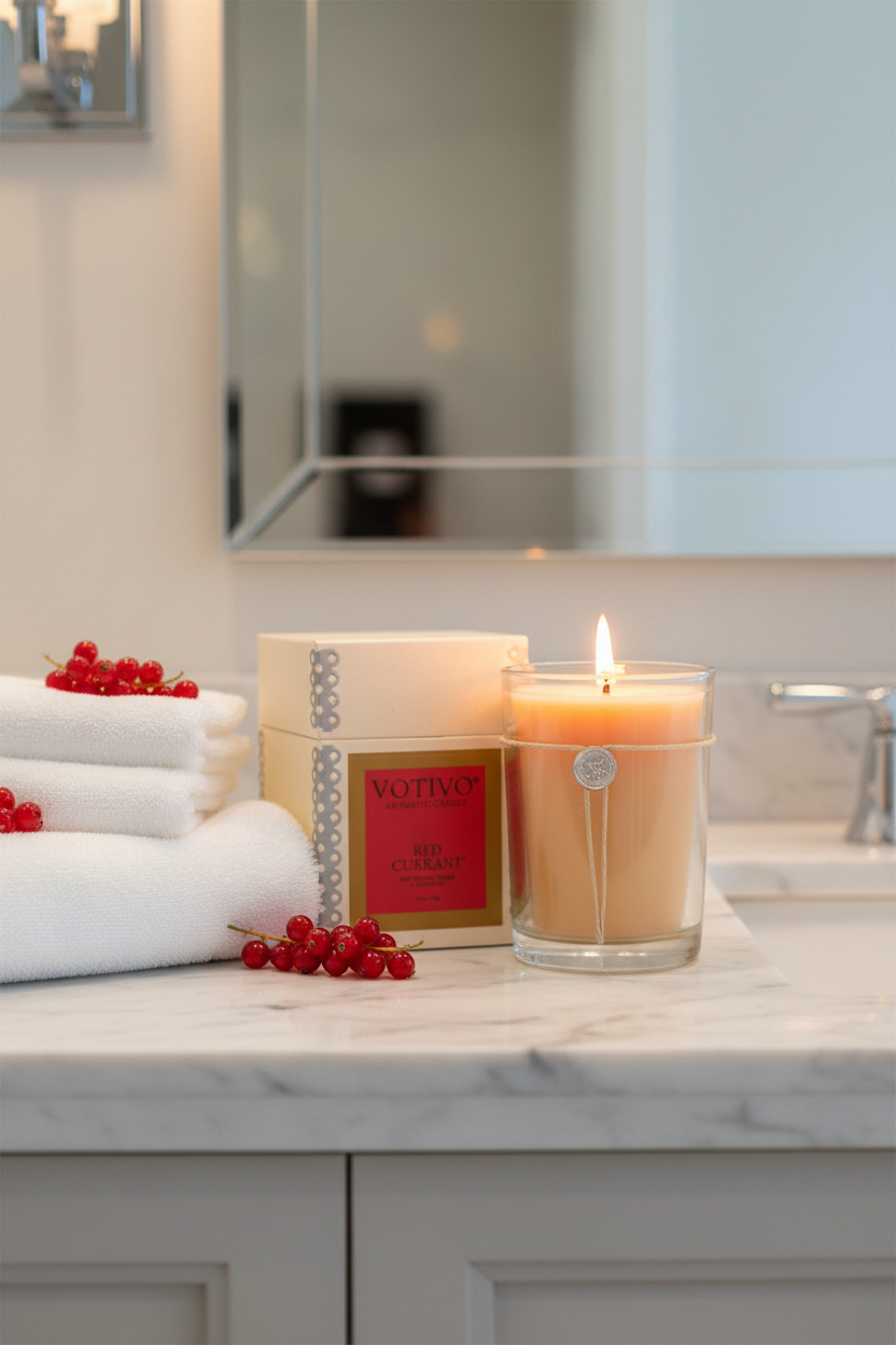 Votivo Red Currant candle lit on bathroom vanity with white towels