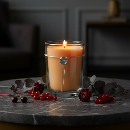 Votivo Red Currant candle glowing on dark marble with botanicals